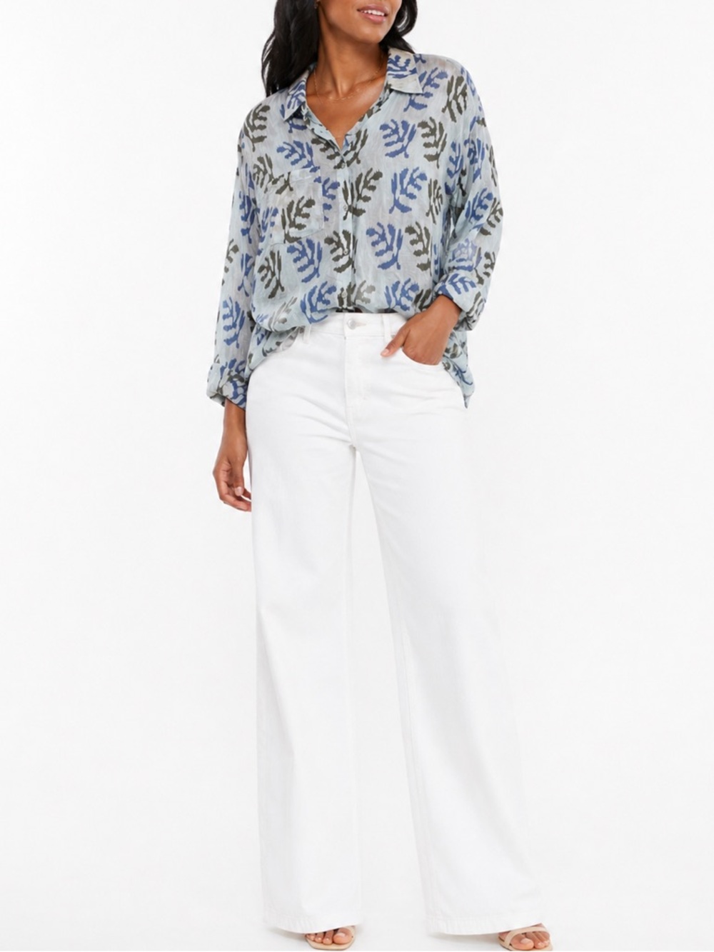 Bella Tu Jeanne D Gopi Vaid Blue Leaf Ikat Viscose Button Down Shirt Large
